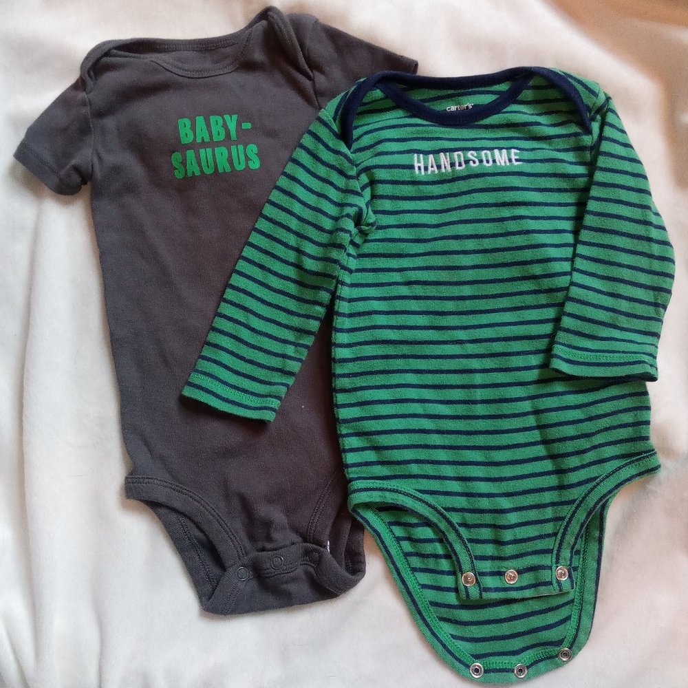 set of 2 onesies, long sleeve green & navy stripe, and gray short sleeve